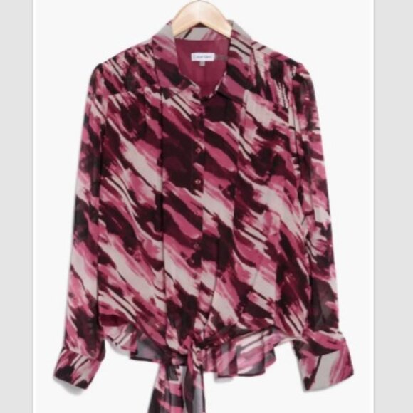 Calvin Klein Women's Chiffon Geometric Print Button Down Shirt. Tie Front. 3X - Picture 1 of 2